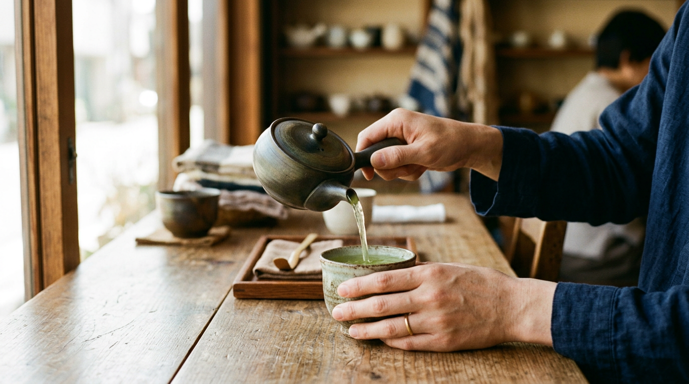 急須から湯呑へ日本茶を注ぐ様子