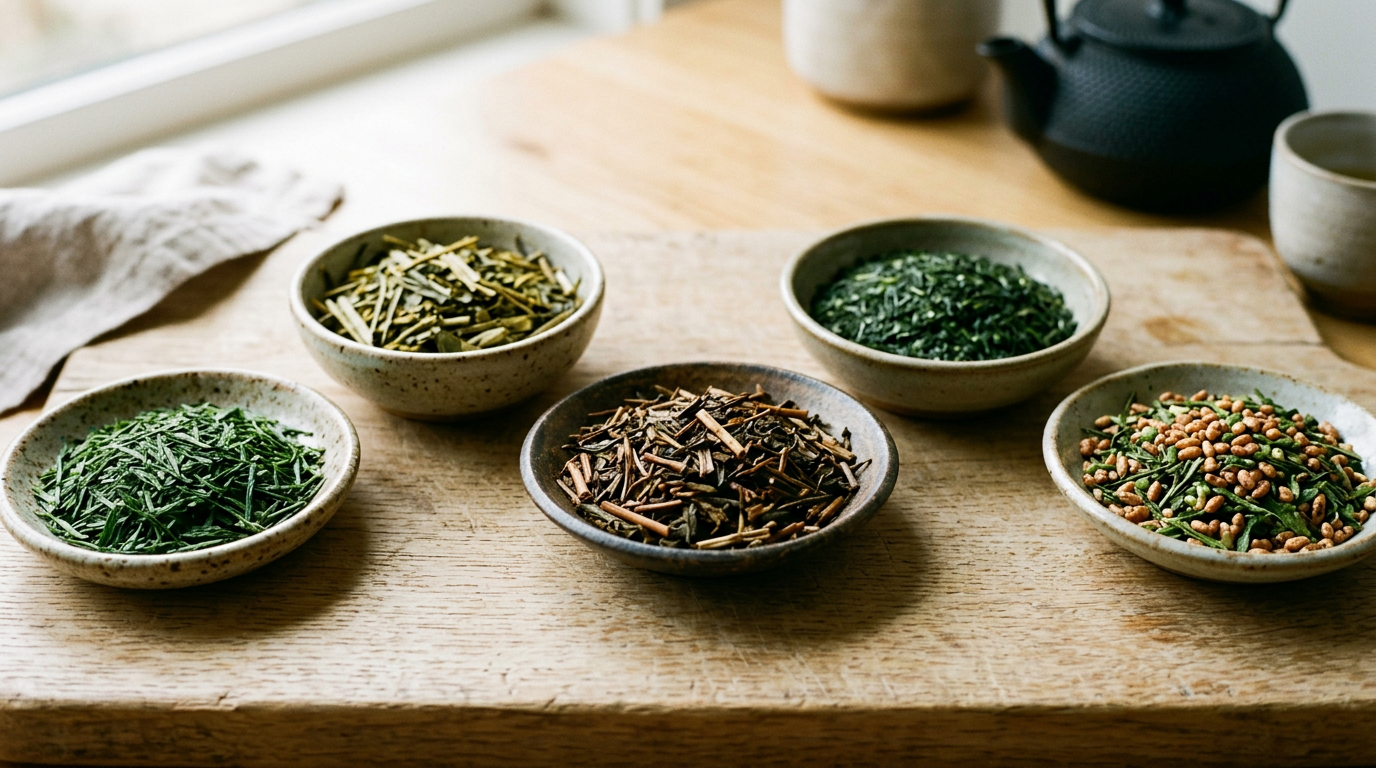 煎茶・ほうじ茶など、産地や製法の違いが見える茶葉の一例